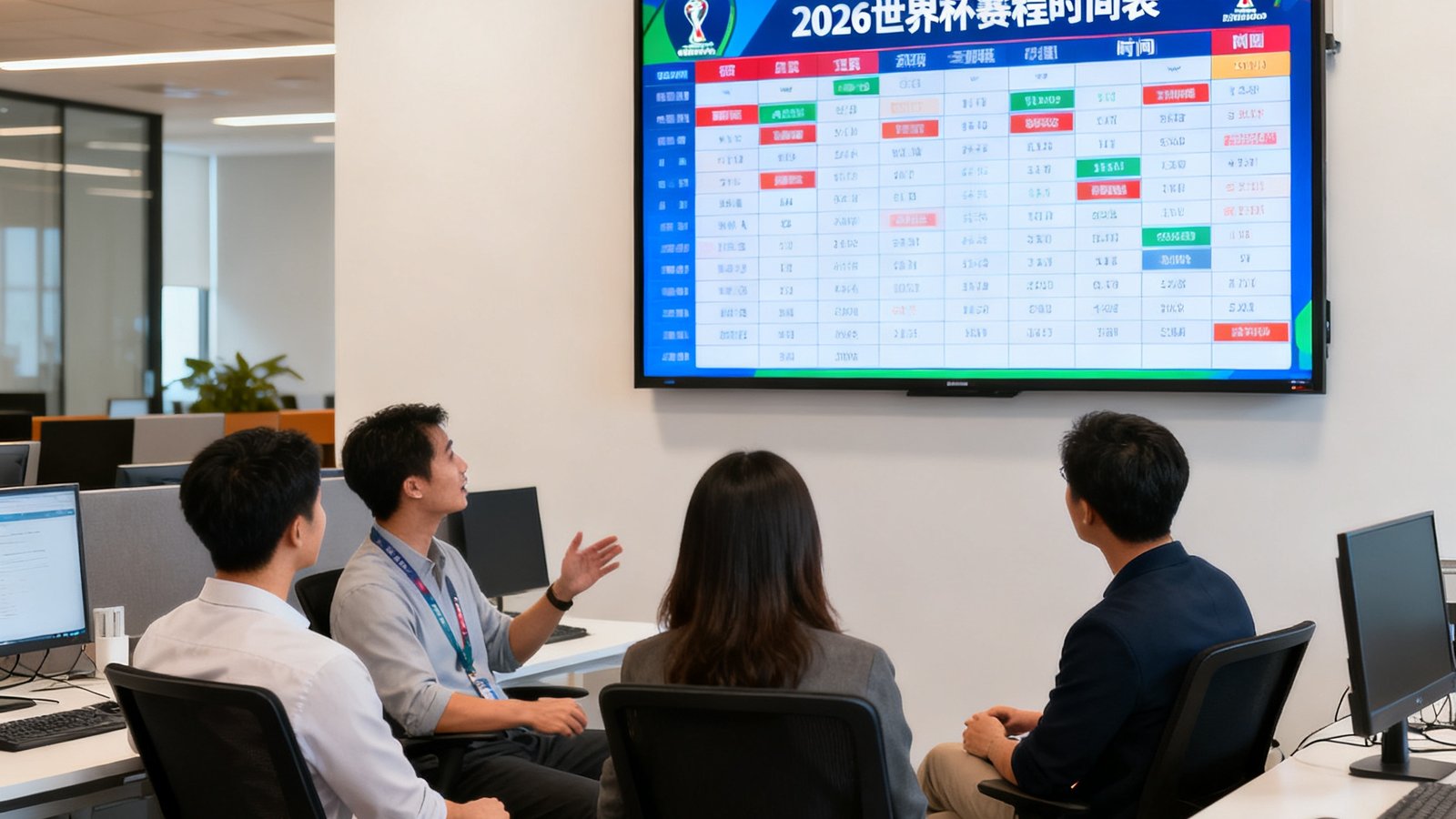 2026世界杯赛程时间表团队在办公室讨论数据大屏，墙上显示赛程时间表