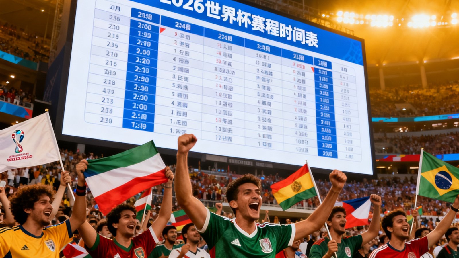 2026世界杯赛程时间表英雄大图展示球迷在体育场欢呼与巨型赛程屏幕